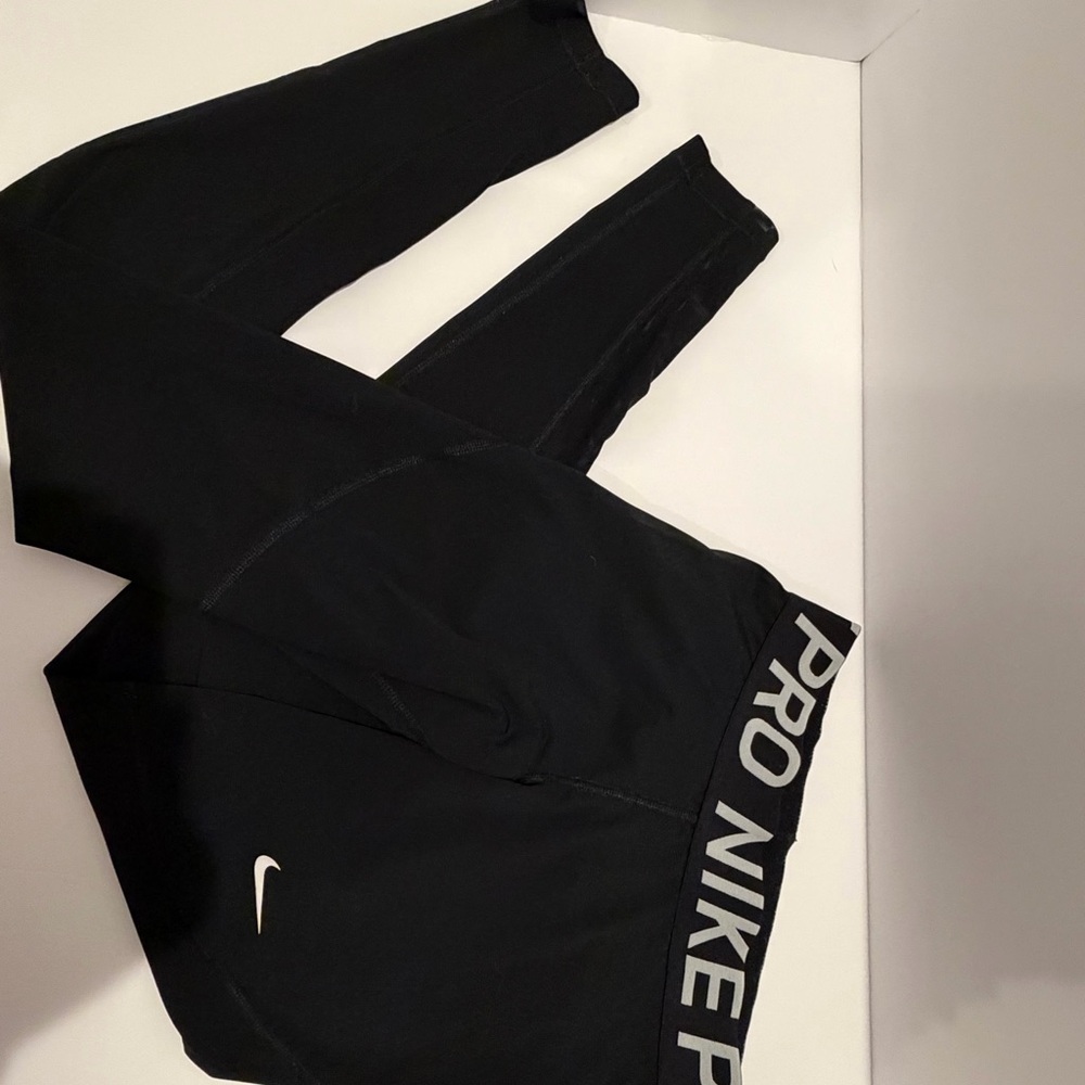 Women’s Black Nike Pro Leggings with White Logo